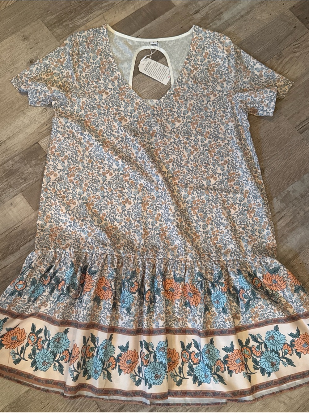 Floral Ruffled Hem Short Sleeve Dress - Blue & Orange size S